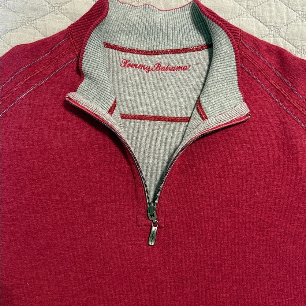 Tommy Bahama Sweater Mens Large Burgundy Gray Reversible Quarter Zip Pullover
